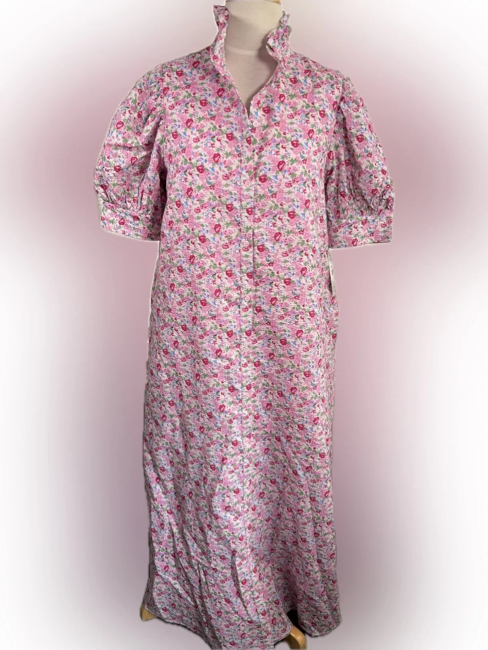Hyacinth House Ditz Pink Floral Maxi Button Front Dress with Ruffled Collar - Picture 1 of 9